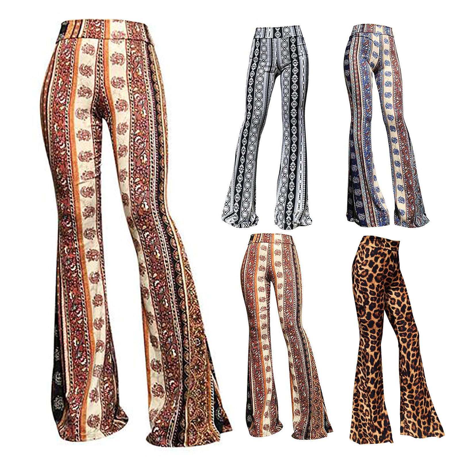 Women Long Pants Vintage 70s Flared Hem Leopard Print High Elastic Waist  Stretchy Slim Fit Long Floor Length Thin Bell-bottomed Trousers