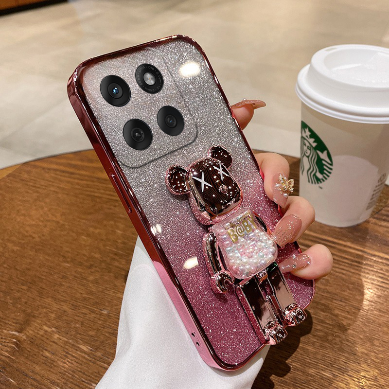 New Phone case Moto Edge 60 Fusion Back cover with Cartoon 3D Bear Stand Luxury Slim Gradient Plating Glitter Girls Stylish For Motorola Moto Edge60 Fusion case. 