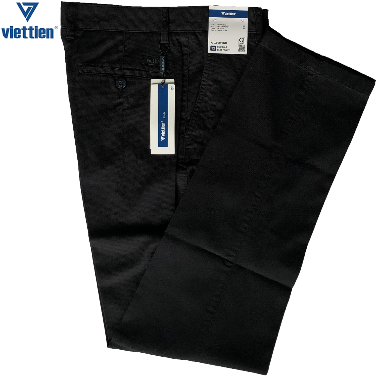 Viettien - Quần kaki nam việt tiến màu đen không ly 6S6176 phom Regular dáng rộng