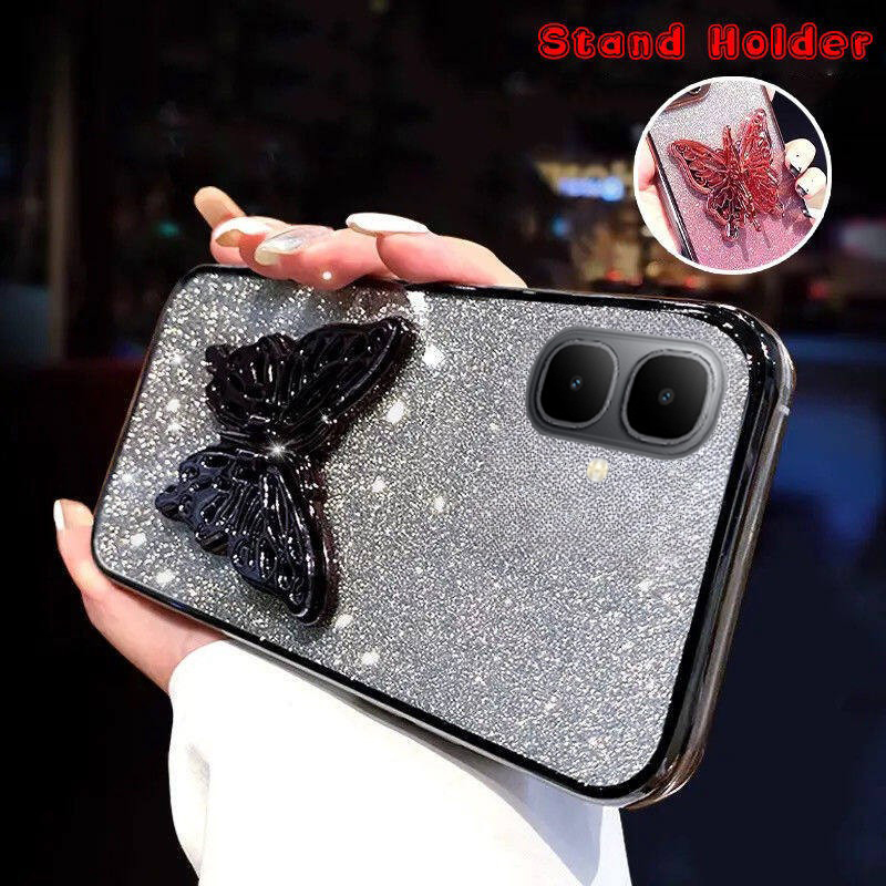 New Phone case infinix Smart10 Plus Back cover with Cute Butterfly Stand Luxury Slim Gradient Clear Plating Glitter Girls For infinix Smart 10+ case.