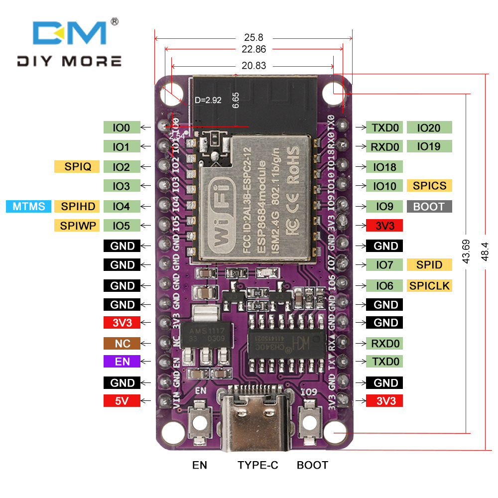 diymore ESP32-C2 bảng mạch phát triển ESPC2-12 module tương thích cho ESP8684-DevKitM-1 Wifi & mô-đun Bluetooth