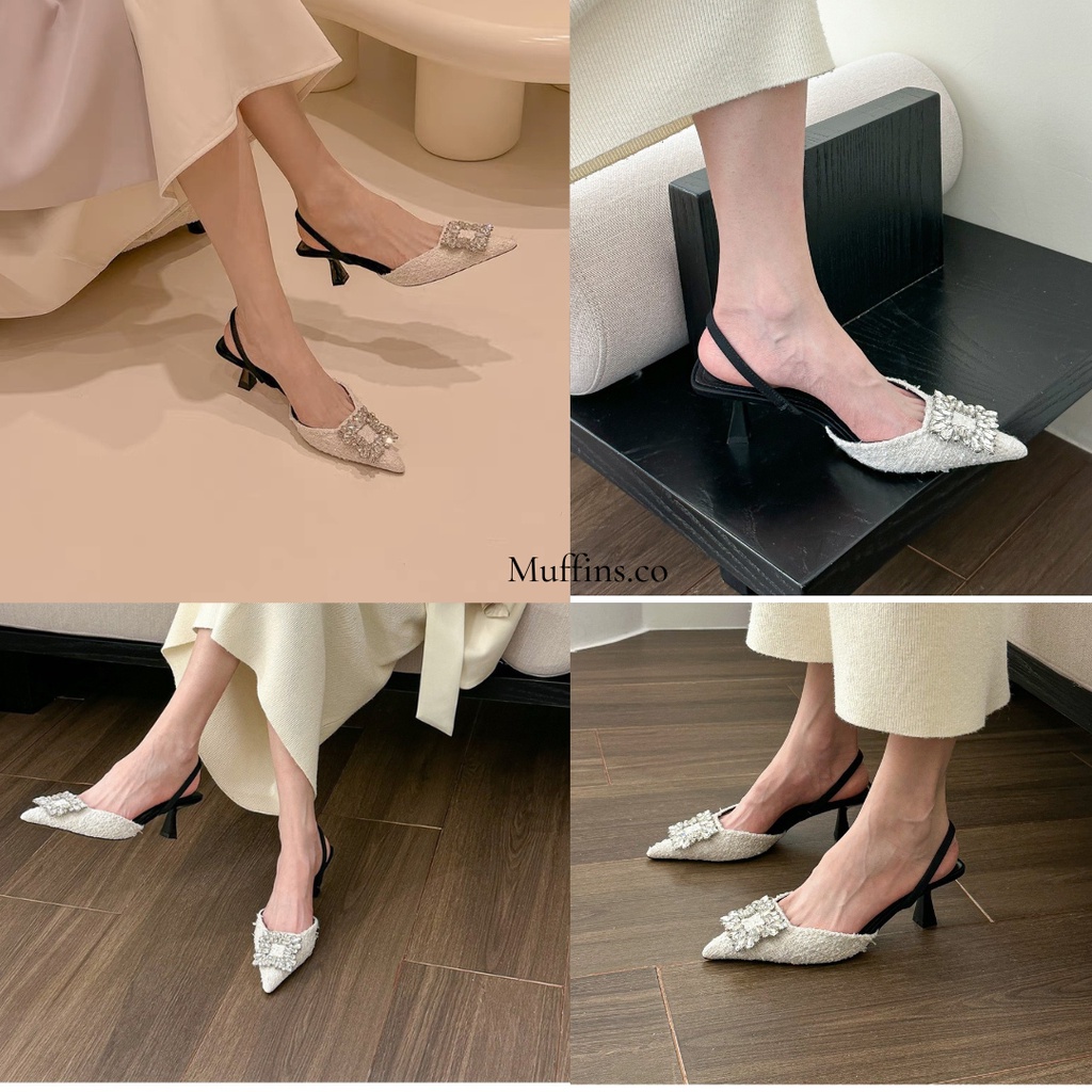 Giày cao gót dạ Zra tweed đính đá hở gót