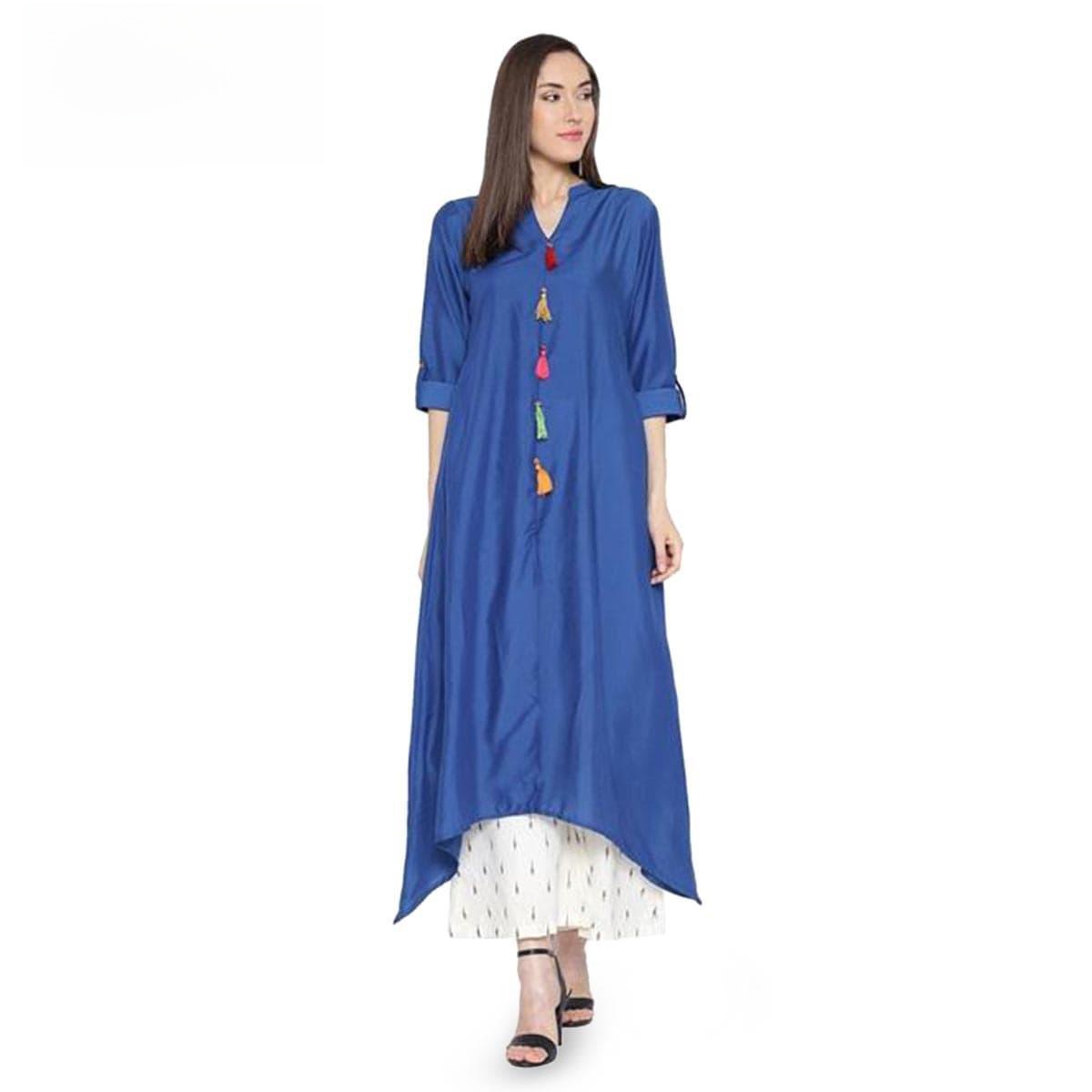 Royal Blue Linen Long Sleeve Casual Kurti for Women - MultiThreadButton (Tailor Made)