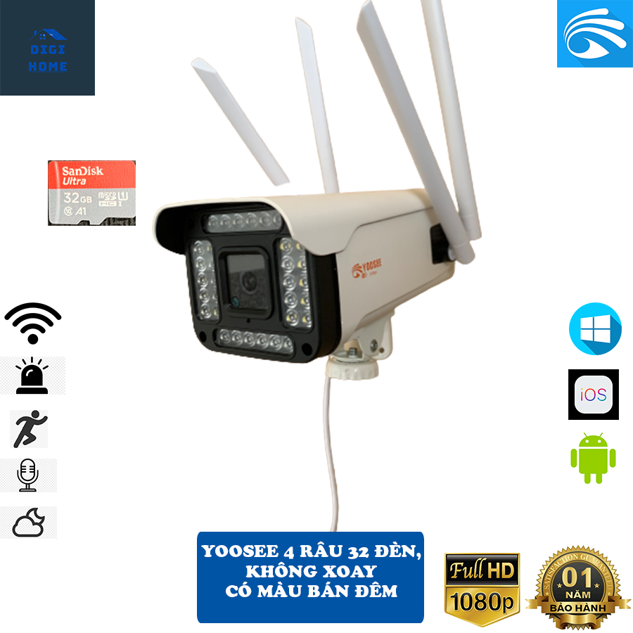 CAMERA “YOOSEE” WIFI 4 RÂU 32 LED 5.0 mpx. KHÔNG XOAY. CÓ MÀU BAN ĐÊM - CHỐNG NƯỚC, ĐÀM THOẠI 2 CHIỀU, CẢNH BÁO CHỐNG TRỘM - BẢO HÀNH 12 THÁNG CẢ THẺ NHỚ