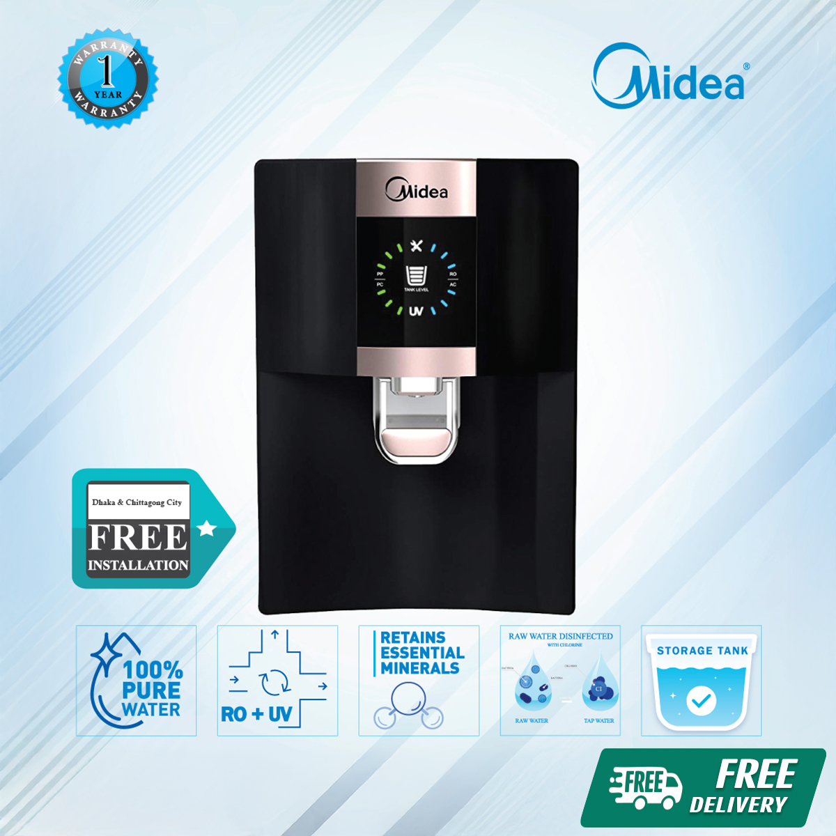 Exceptional Quality - Midea JN1648T Water Purifier Filter RO+UV - Break Trend - Easy to Use - Sleek Usage.