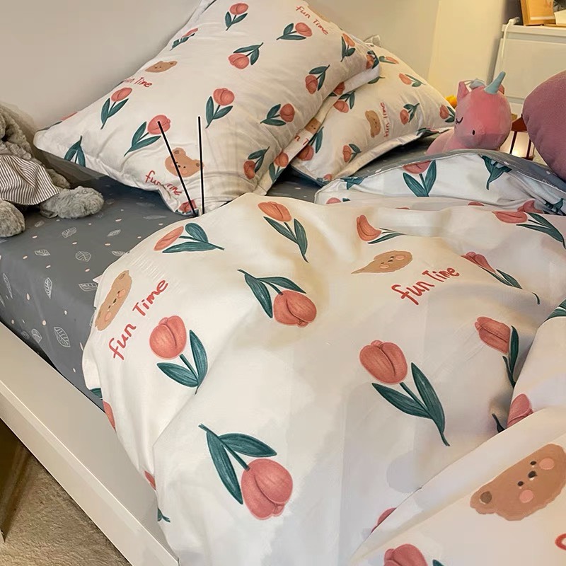 Chăn ga gối cotton poly - Mẫu tuylip xanh