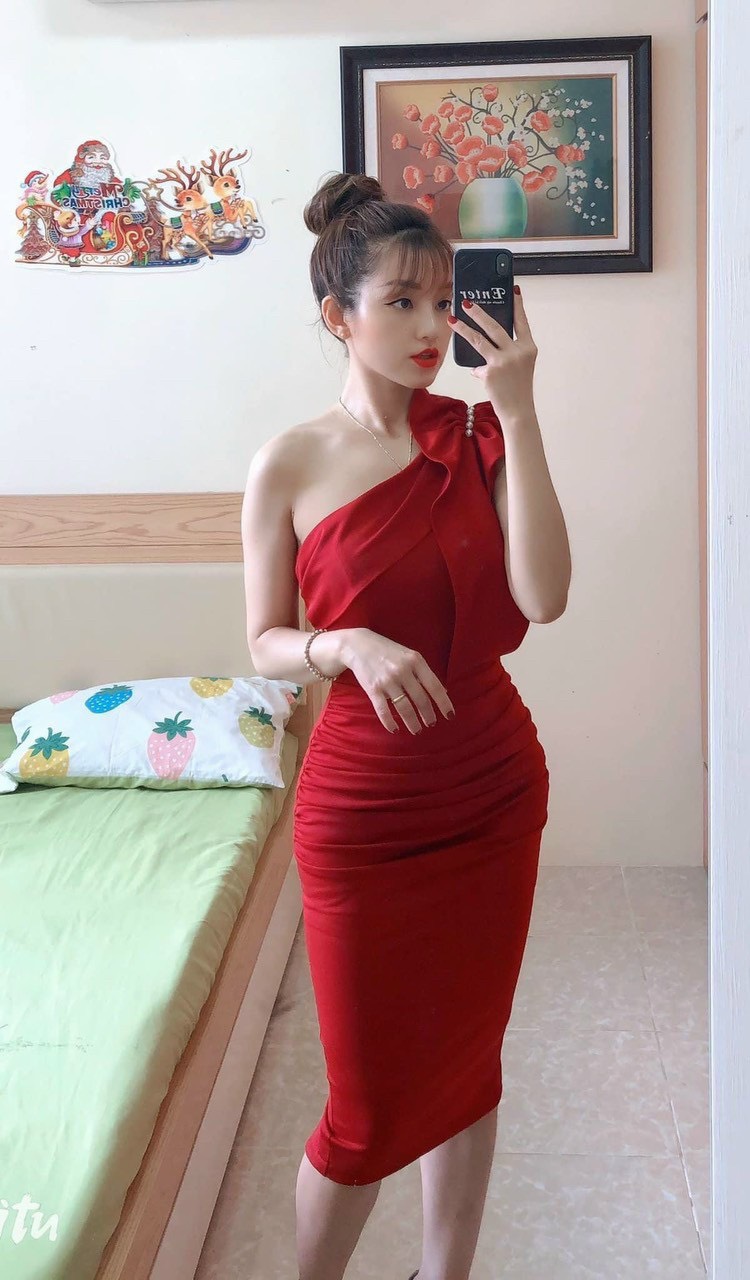 đầm ôm poly lệch vai 3 màu xinh lung linh ld22 (V10)
