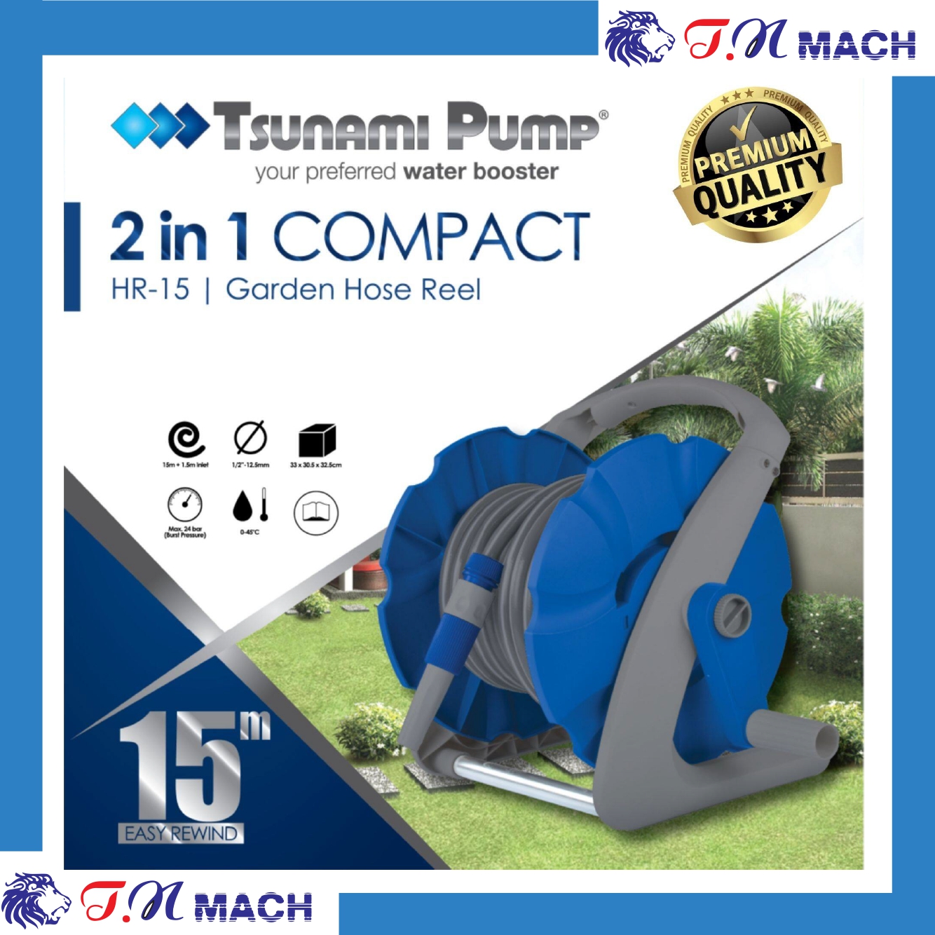 Tsunami Pump 2IN1 Compact 15m Garden Hose Reel HR-15