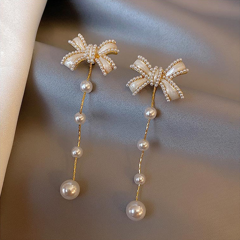 Frascati New Elegant Bow Pearl Tassel Long Earrings Party Girls' Luxury Jewelry Korean Fashion Accessories Drop Earrings For Woman