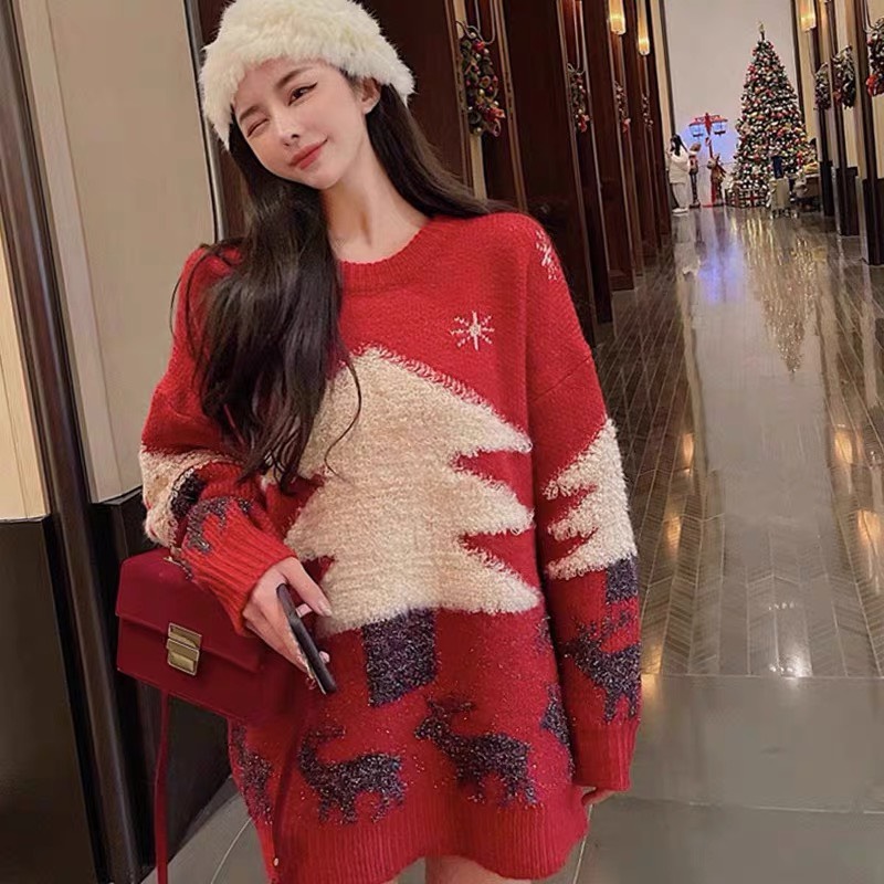 MS1304 Áo len Noel nữ oversize, áo len Giáng sinh cây thông