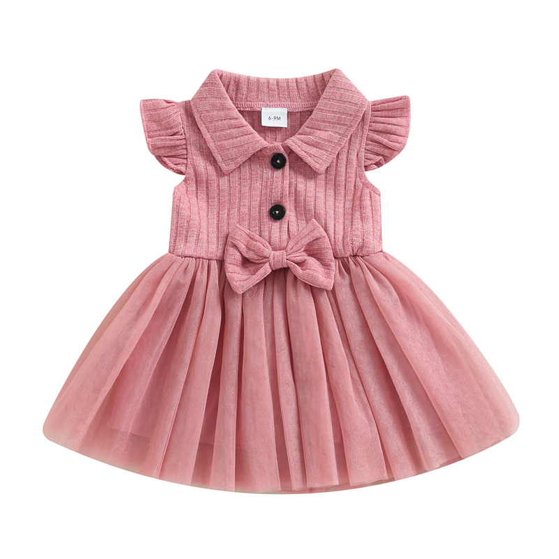 ANFUTON Infant Baby Girls Princess Dress Solid Color Turn-Down Collar Fly Sleeve Buttons Bow Layered Tulle Tutu Cute Dress