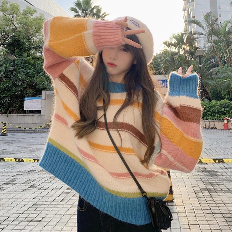 Guima Rainbow striped sweater women's striped sweater autumn and winter outer top