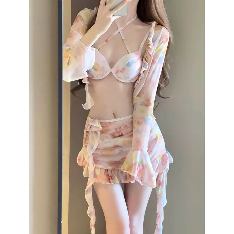 set bikini 4 mảnh màu hoa hồng cam