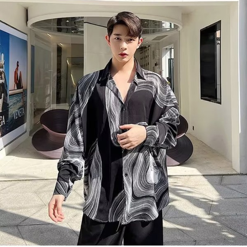 Hanlu Men's trendy shirts handsome long-sleeved shirt black and white striped shirt