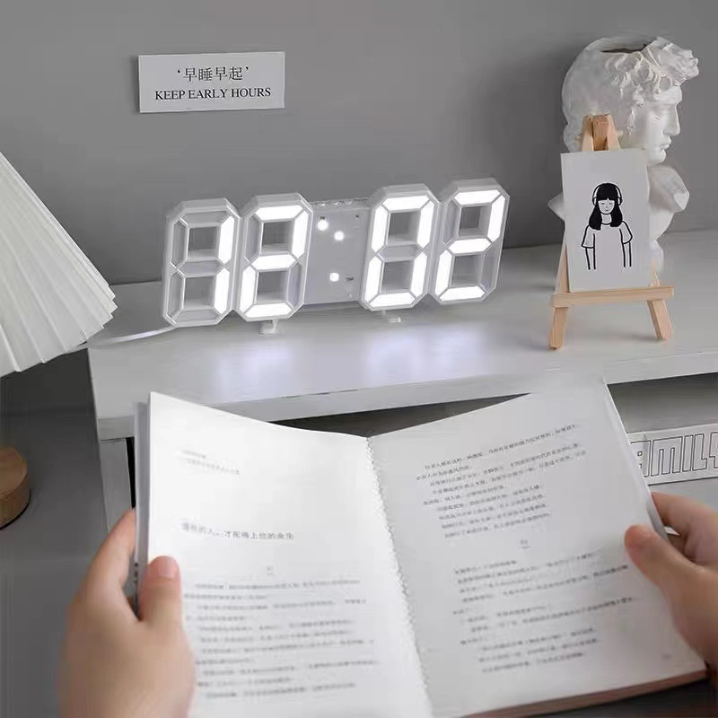 Desktop clock, 3D luminous digital clock, wall-mounted voice-activated silent alarm clock, intelligent light sensitive