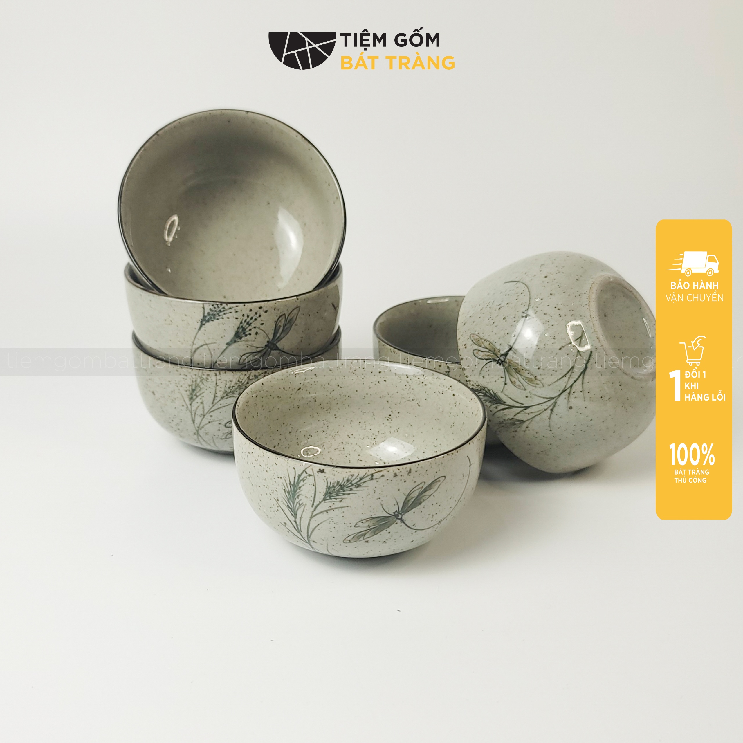 Bát cơm chén bát đĩa sứ men tiêu hoạ tiết chuồn chuồn gốm sứ bát tràng cao cấp