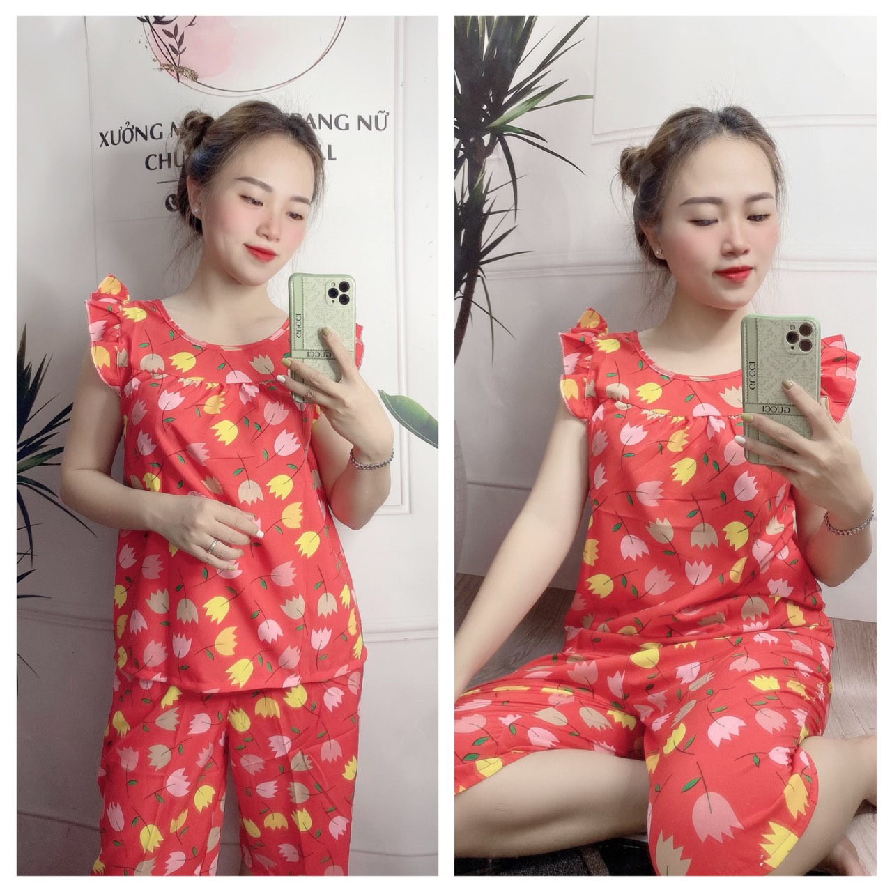 ĐỒ BỘ LỤA LỬNG MẶC NHÀ DỄ THƯƠNG HỌA TIẾT HOA TULIP (ẢNH THẬT) CÓ SIZE 40-75KG - LUA30