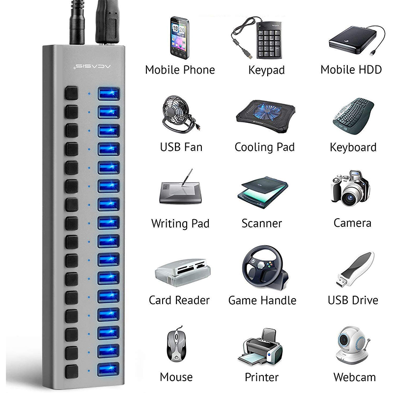 USB 3 0 Hub - 16 Ports Powered USB Hub - Desktop USB Expander Hub - Up To 5Gbps High-Speed USB Splitter For Multiple Devices - Aluminum Alloy Multiple USB Hub W/AC