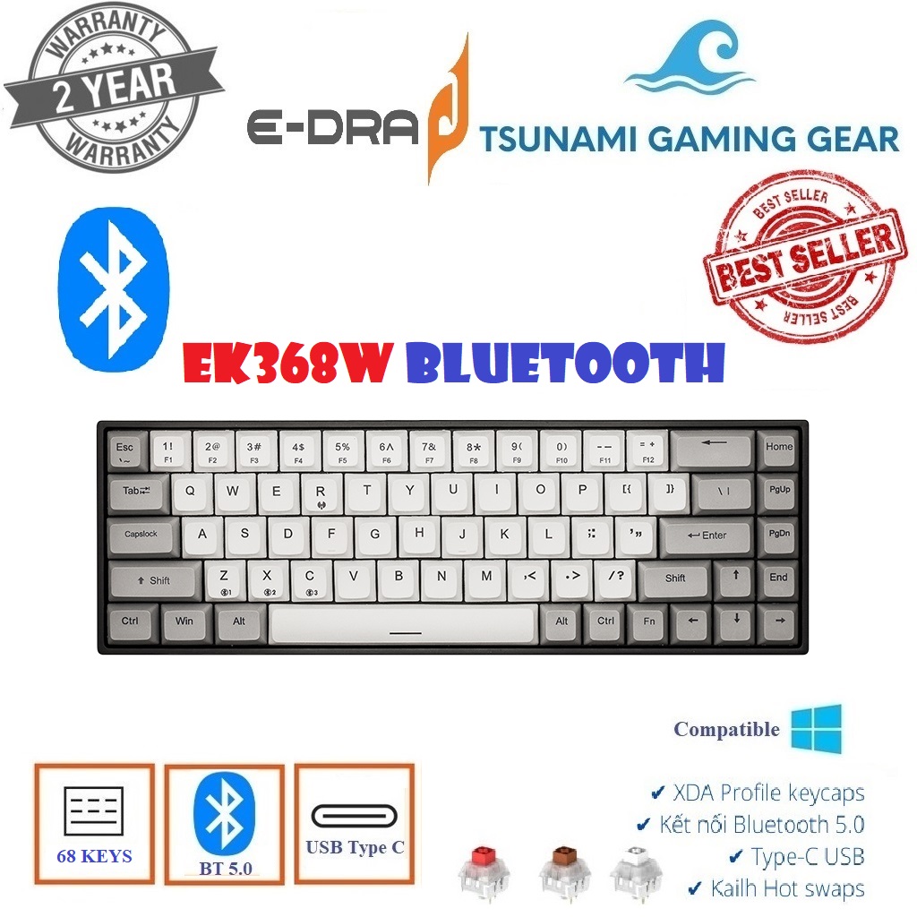 Bàn phím cơ không dây E-DRA EK368W Hotswap/ Bluetooth/ Type-C - Hàng chính hãng Bảo hành 2 năm