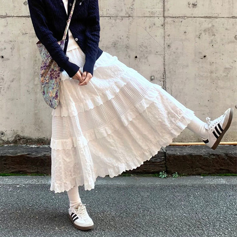 Chu man jia lace cake skirt high waist white a-line skirt
