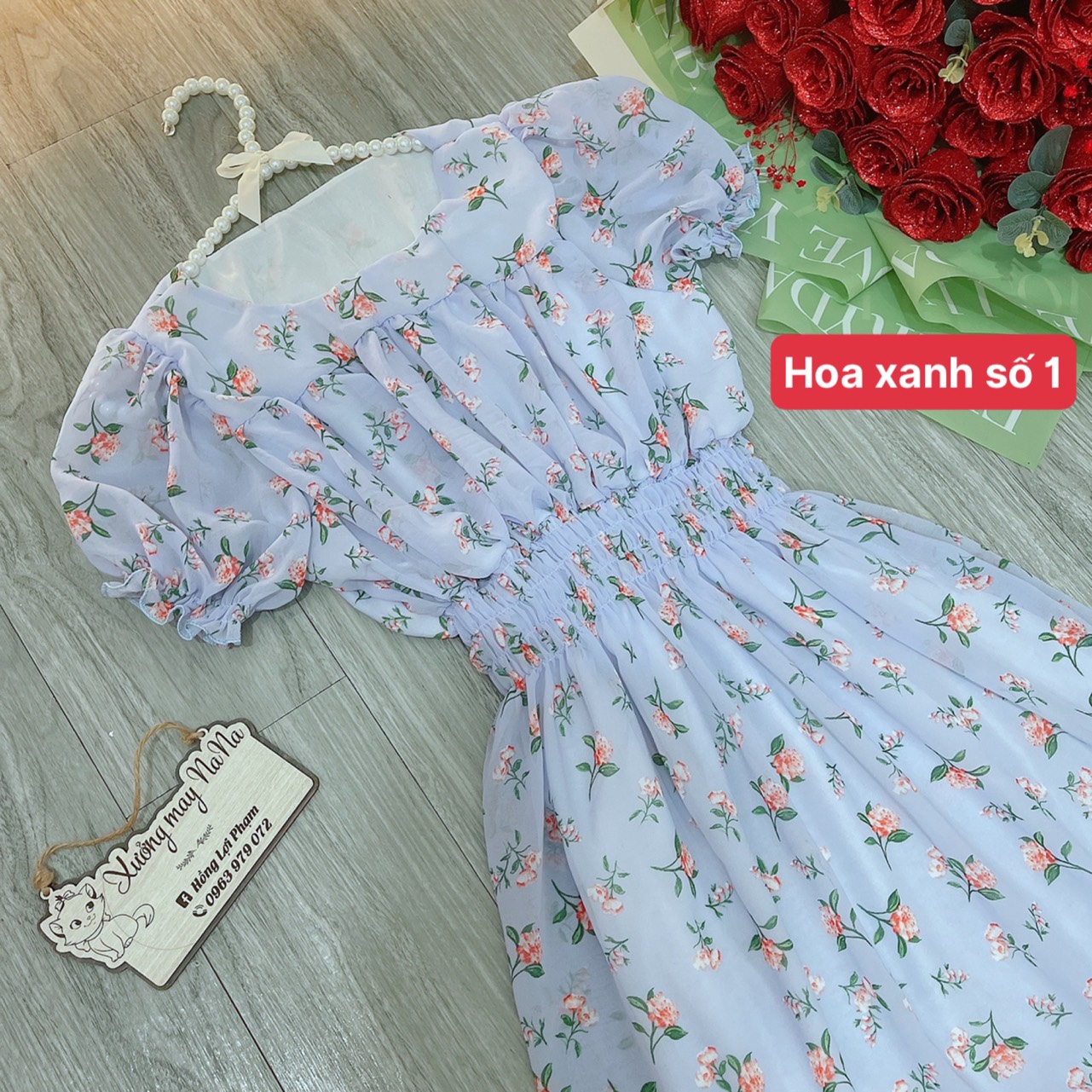 Đầm hoa nhí tay phồng đuôi cá (hình thật+video)
