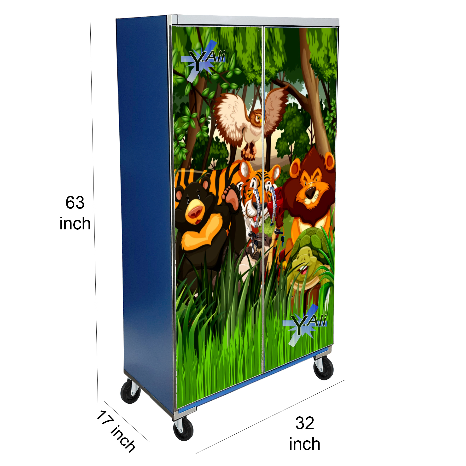 5 Feet Jungle Animals Theme wooden Sheet Wardrobe For Kids Cupboard Almari Blue