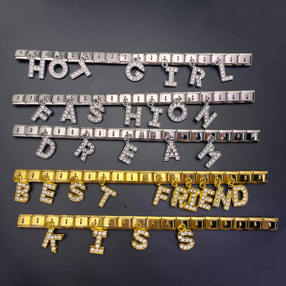 26 Letters Charm Italian Stainless Steel Bracelet Links Bangle 9mm ...