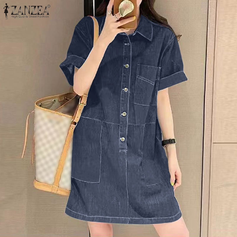 ZANZEA%20Korean%20Style%20Women's%20Dress%20New%20Fashion%20Short%20Sleeve%20Lapel%20Denim%20Shirtdress%20Plain%20Mini%20Dresses%20-%20Image%202