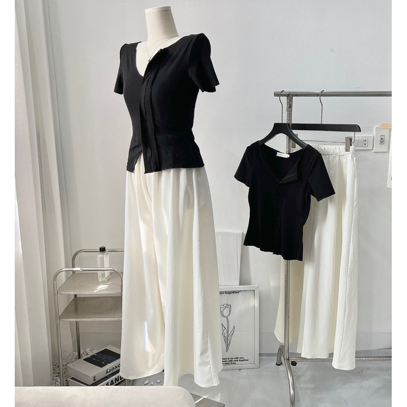 SET áo thun zip xẻ hot hit mix quần suông lụa sần rộng xoè BASIC cực trend
