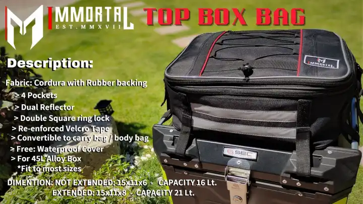 Original Topbox Bag Extension Alloy Top Box Bag Convertible to Carry Body Bag with Dual Reflector for 65L 45L and Below Alloy Box Motorcycle Accessory Immortal Motobag - Fits Most Alloy Box Sizes