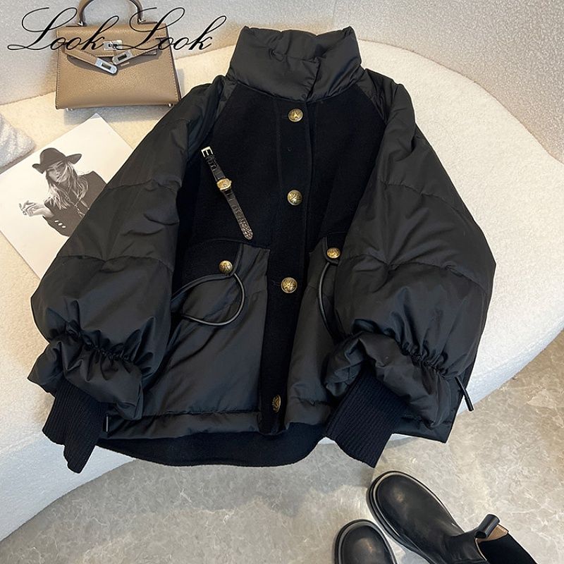 2023 Winter Black Thickened Patchwork Black Gold Down Quilted Women's Winter Slim Senior Coat Solid Color Female Coat Outwear