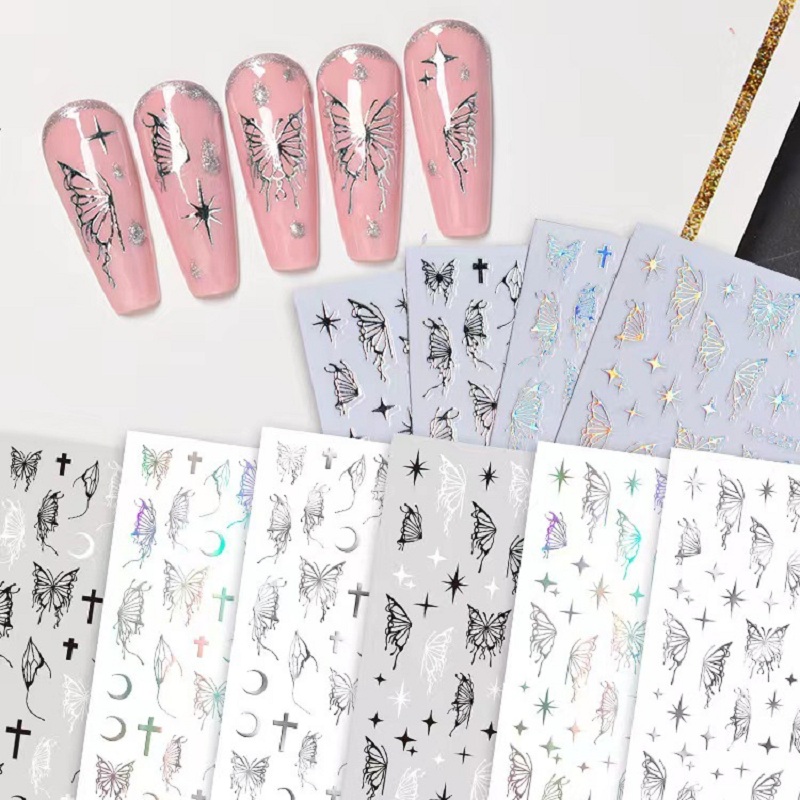 TAHANgTA Hot Selling  Silver Metal Butterfly 3D Nail Sticker Black White Butterflies Star Adhesive Slider Wraps Manicure Gel Polish Decals. 