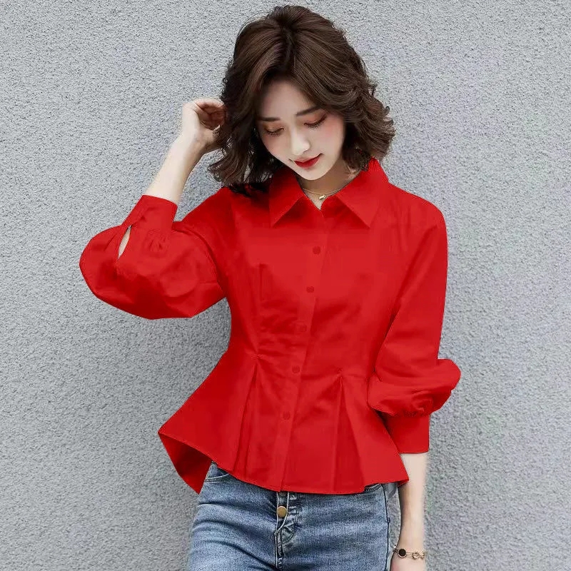 IRENASTORY Women's Shirt Korean Style Bubble Sleeve Long Sleeve Blouse Top Solid Color Large Size Shirt