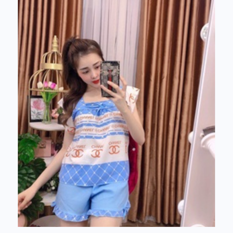 Đồ bộ nữ đẹp, bộ lụa đùi mặc nhà cổ vuông quần phối bèo (hình ảnh thật)