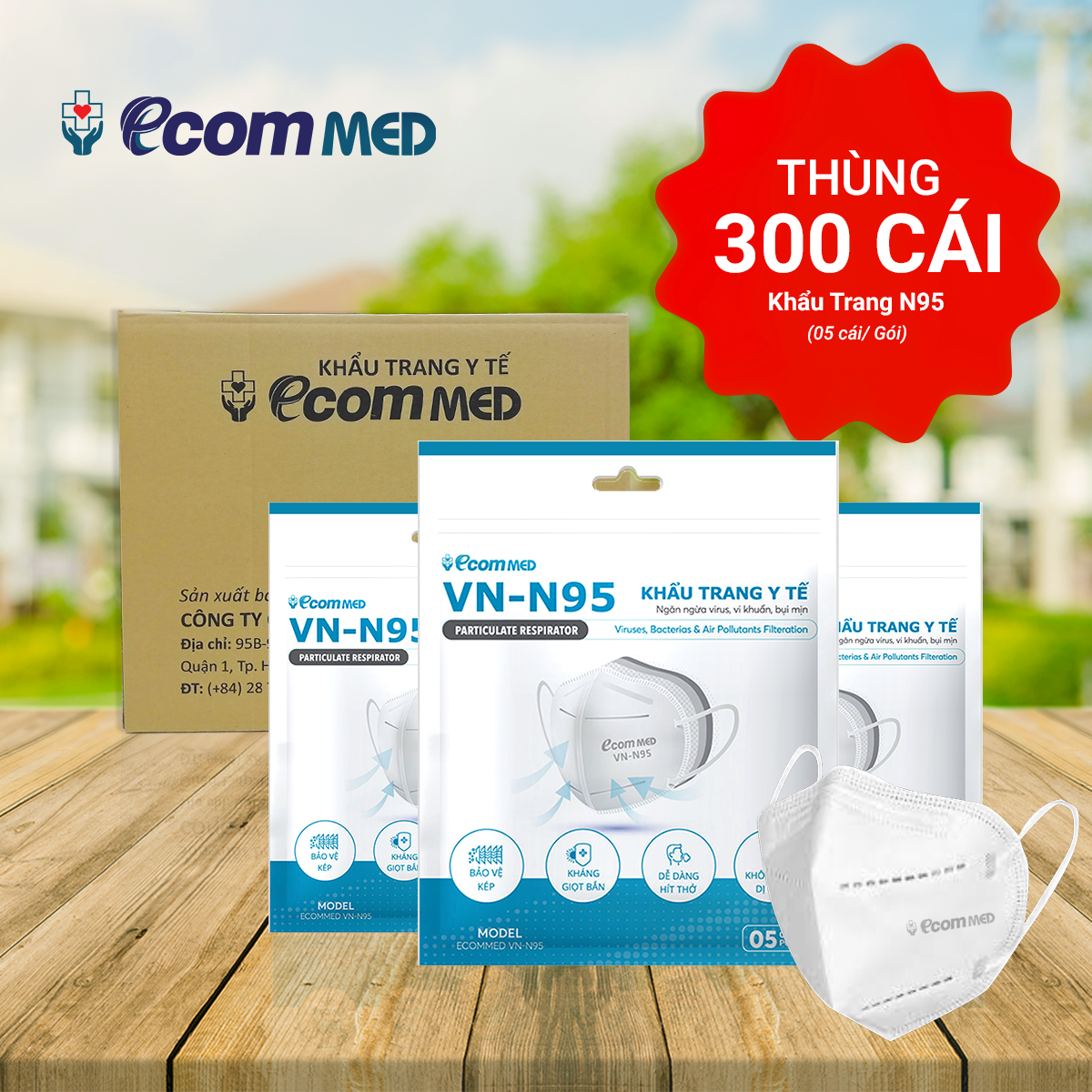 Combo 300 Cái Khẩu Trang N95 EcomMed (60 Bịch)