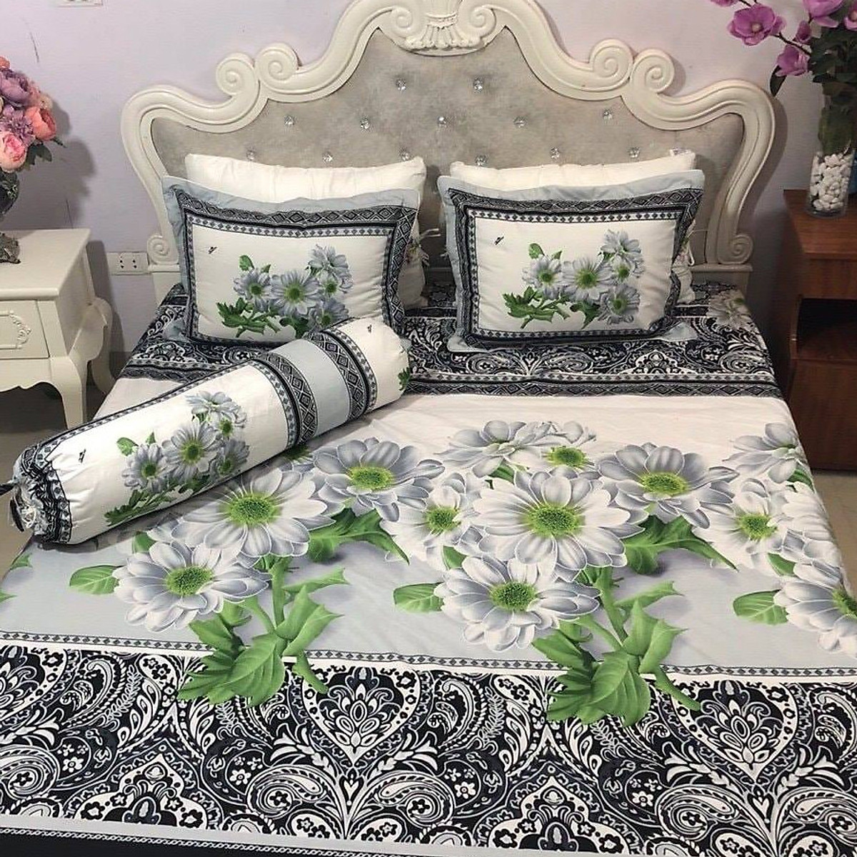 3D flower poly cotton pillow case set (1 Sheet, 1 Bolster Case and 2 pillow cases)
