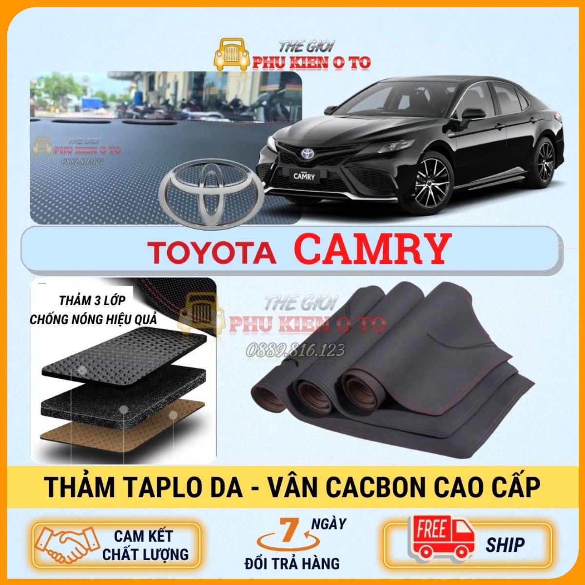 Thảm taplo Toyota Camry 2012 - 2021 da Cacbon 3 lớp cao cấp, chống nóng cho ô tô hiệu quả