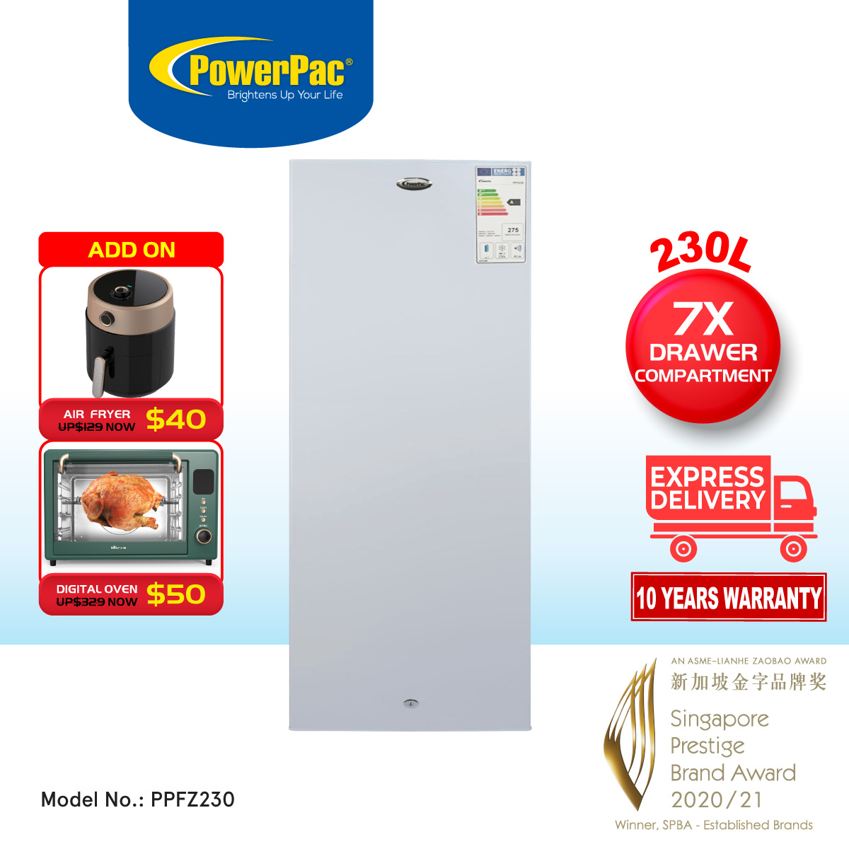 PowerPac Chest Freezer Upright freezer Freestanding Freezer 230L