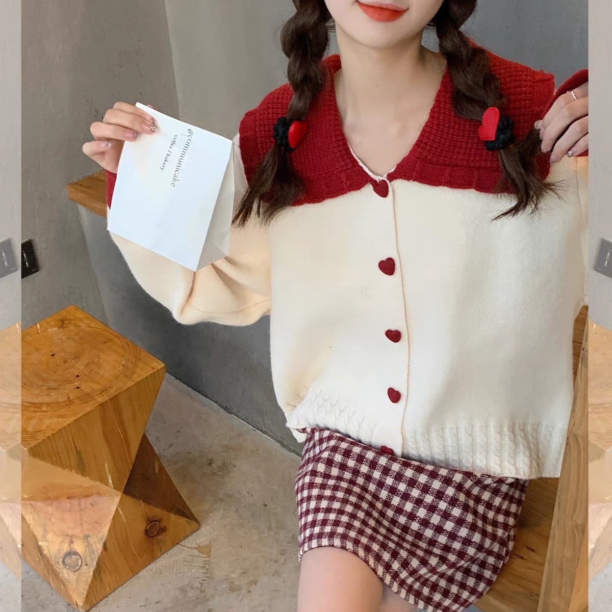 Áo khoác len cardigan cổ thủy thủ cúc tim cục dễ thương hàng quảng châu đẹp