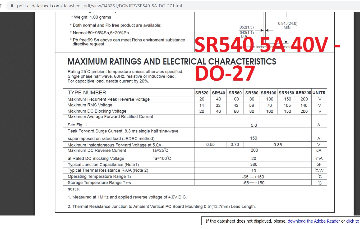 Điốt (diode) Schottky Các Loại: SR540 - SR560 - SR5100 - 1N5822