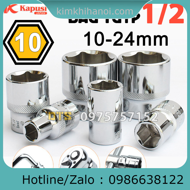 Bộ 10 đầu khẩu ngắn 10-24mm 6 cạnh 1/2 inch cao cấp harden, kapusi thép nhật cr-v độ cứng 60hrc, đầu tuýp 1/2 chuyên nghiệp, vặn bulong, ốc vít, phù hợp cần tuýp tự động, cần tuýp trượt, cần tuýp lắc léo, cần tuýp l kim khí đức nguyên