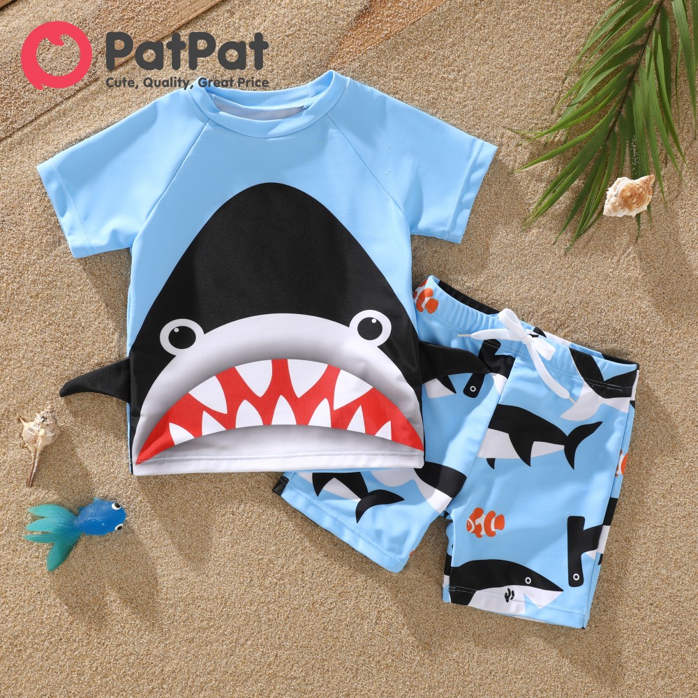 PatPat 2pcs Toddler Kid Boy Childlike Shark Print Swimsuits Set