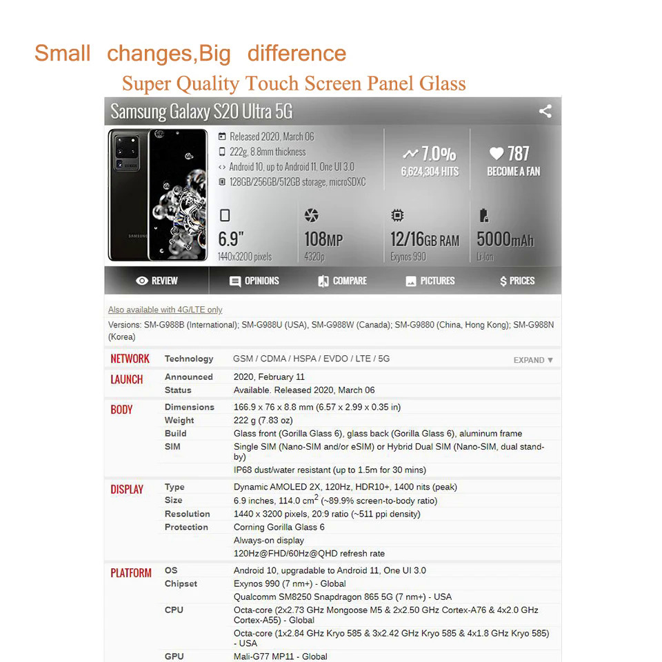 For Samsung Galaxy S20 Plus Ultra touch screen panel front outer LCD glass  with OCA glue replacement