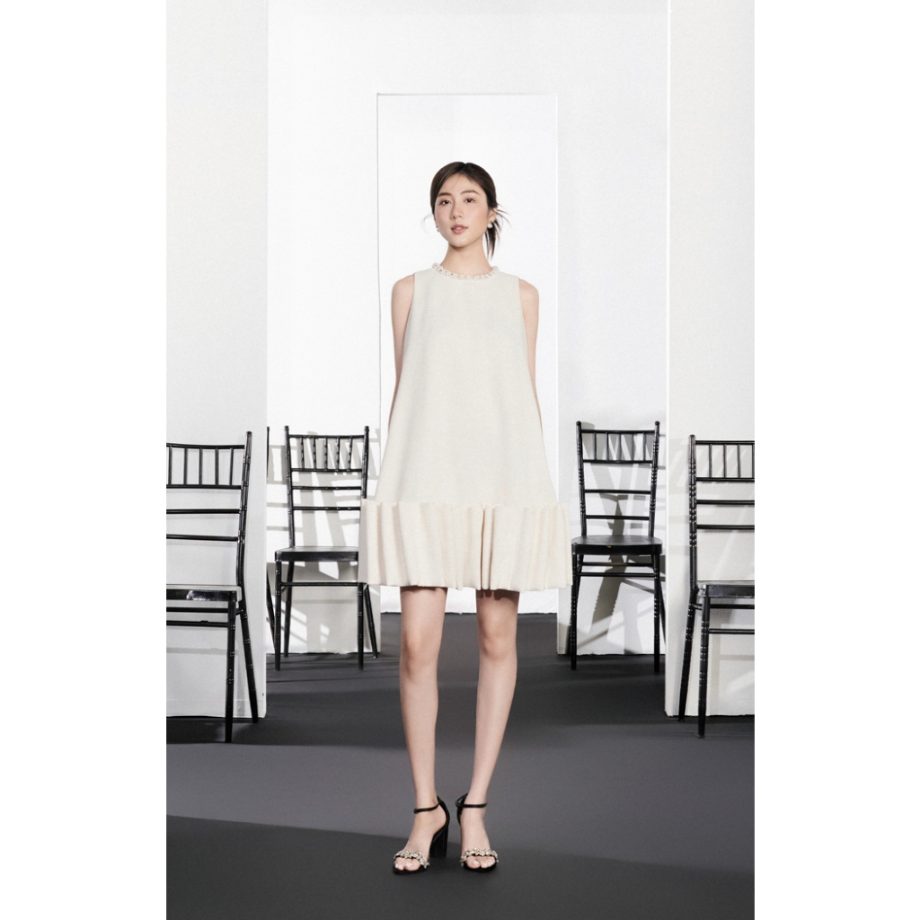 Rập - đầm cổ tròn cổ đính dây tweed thân xếp - heritage 04