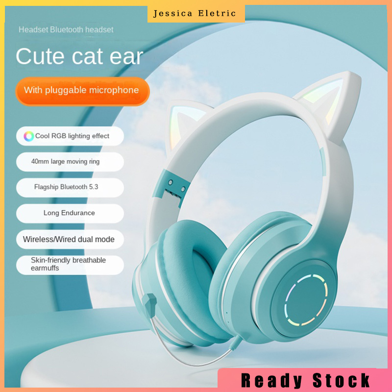 Wireless Bluetooth-compatible Headphone Gradient Color Luminous Cat Ears Gaming Headset Lovely Christmas Gifts