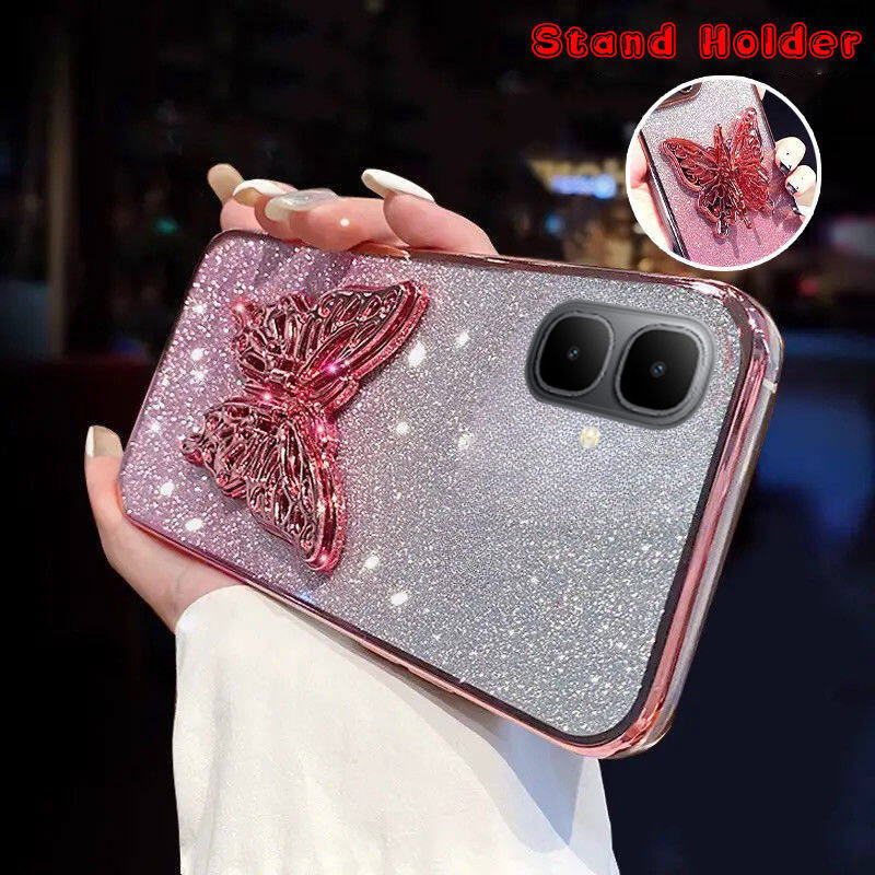 New Phone case infinix Smart10 Plus Back cover with Cute Butterfly Stand Luxury Slim Gradient Clear Plating Glitter Girls For infinix Smart 10+ case.
