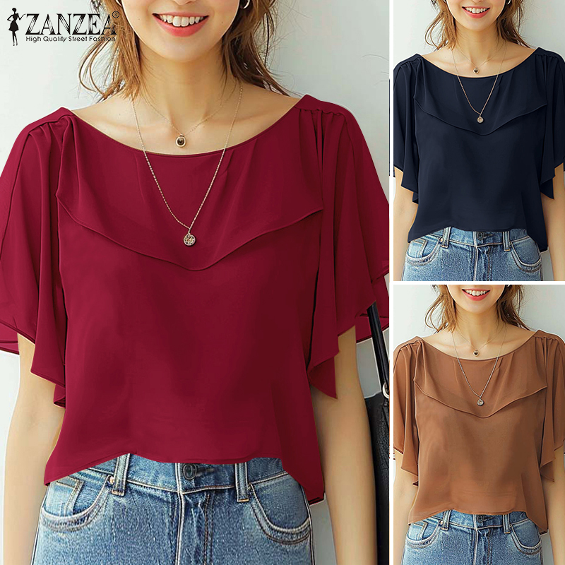ZANZEA%20Korean%20Style%20Women's%20Blouse%20Elegant%20Ruffle%20Sleeve%20Solid%20Crew%20Neck%20Plain%20Summer%20Pullover%20Top%20-%20Image%204