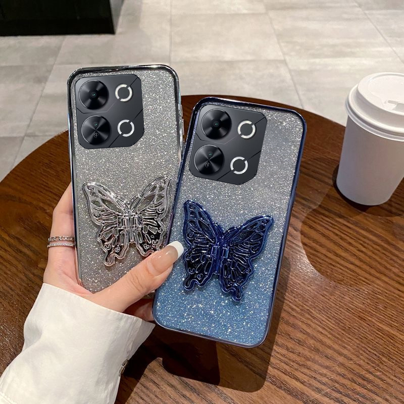 New Phone case itel P55 P70 P65 Back cover with Cute Butterfly Stand Luxury Slim Gradient Clear Plating Glitter Girls for itel P70 P55 P65 case. 