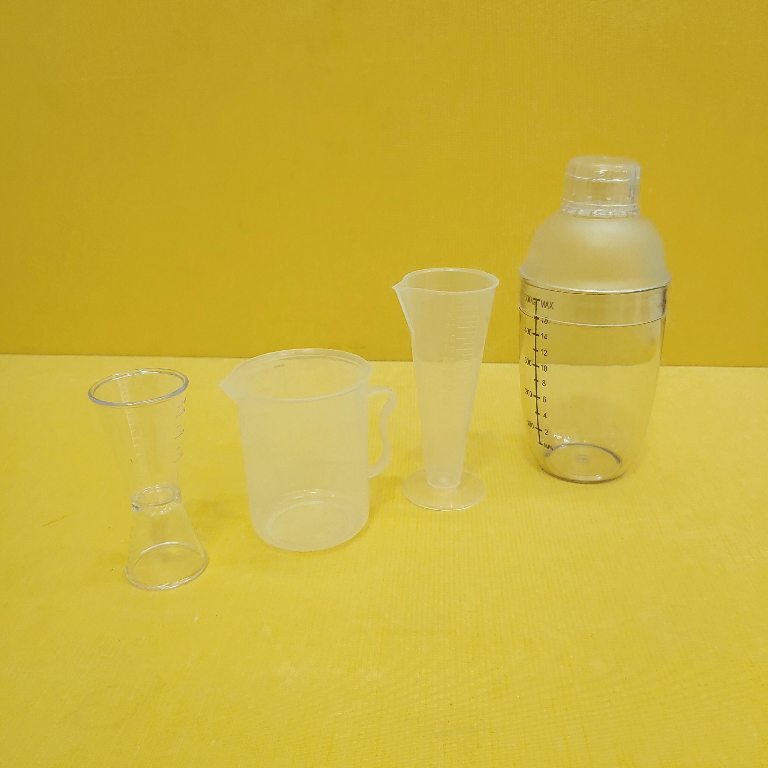 COMBO 4 DỤNG CỤ PHA CHẾ (SHAKER 530ML IN, LY 100ML, CA 250ML, LY 2 ĐẦU)