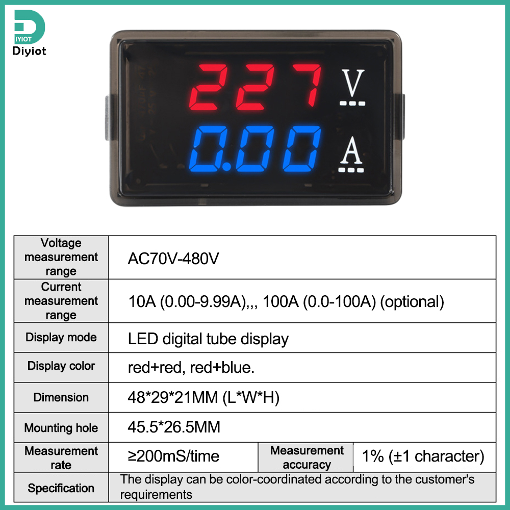 Diyiot Volt Amp Meter AC 70-480V Digital Voltmeter Ammeter Panel LED 2in1 Multimeter Voltage Amperage Tester Gauge
